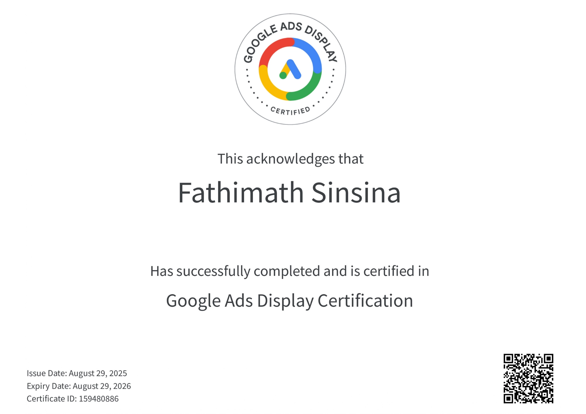 Google Ads Certification Awarded to Digital Marketing Specialist