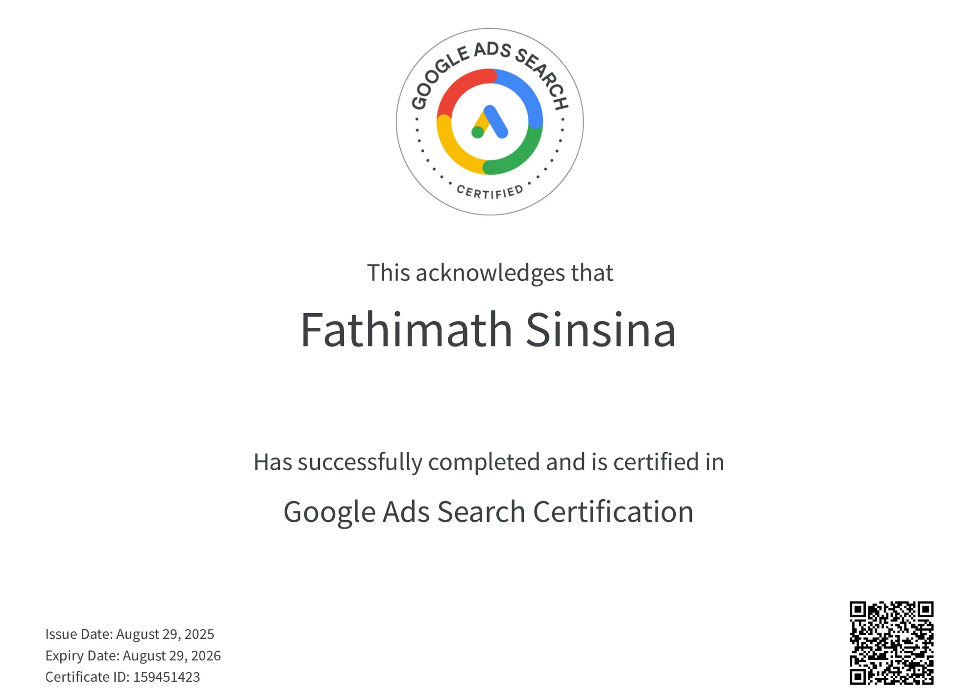 Digital Marketing Specialist holding Google Ads Certificate